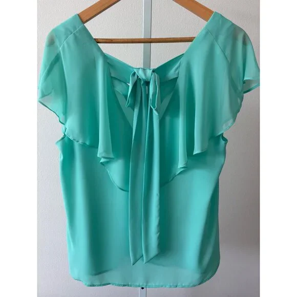 Flutter Sleeve Top Large Mint Green V-Neck Back Tie Coquette Preppy Soft Girl - Picture 3 of 13